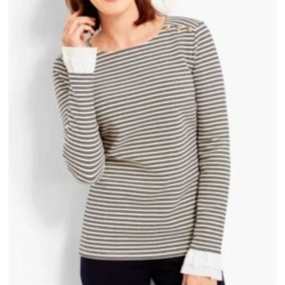 Talbots Gold Metallic Black Striped Ribbed Boatneck Top Ruffle Sleeve 1X - Picture 8 of 8